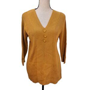 Y2K Dressbarn Gold Ribbed V-Neck Button Detail Cotton Sweater Size L